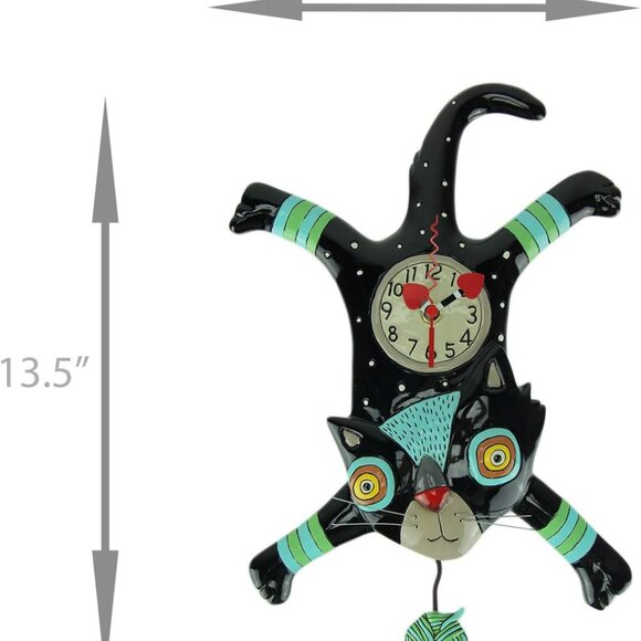 Allen Designs Enesco Craft Attack Cat with Yarn Sculpted Pendulum Wall Clock - Picture 2 of 4